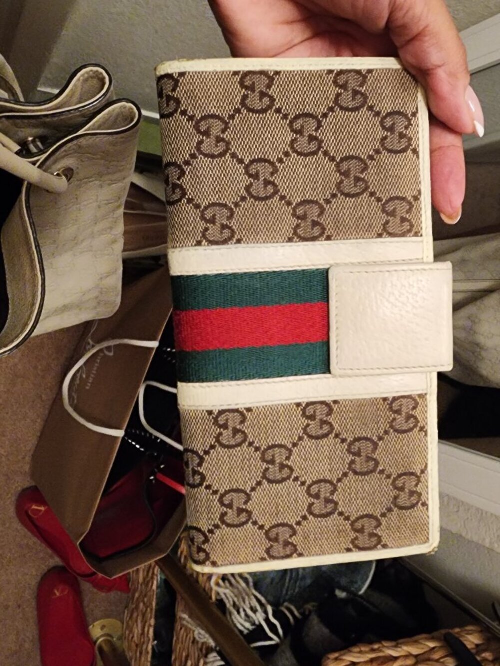 Gucci GG Canvas Sherry Web Stripe Continental Wallet Beige Ivory